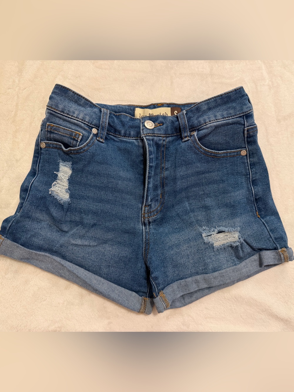 High-Rise Blue Denim Jean Shorts with Distressed Detail